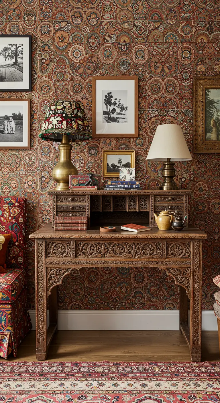 Escritorio de madera tallada de estilo indio frente a una pared con papel pintado de cachemira.