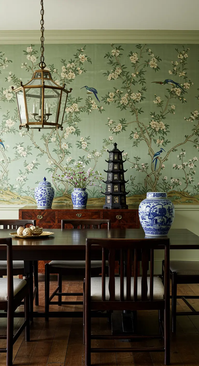 Comedor con papel tapiz de estilo Chinoiserie con pájaros y flores, y porcelana azul y blanca.