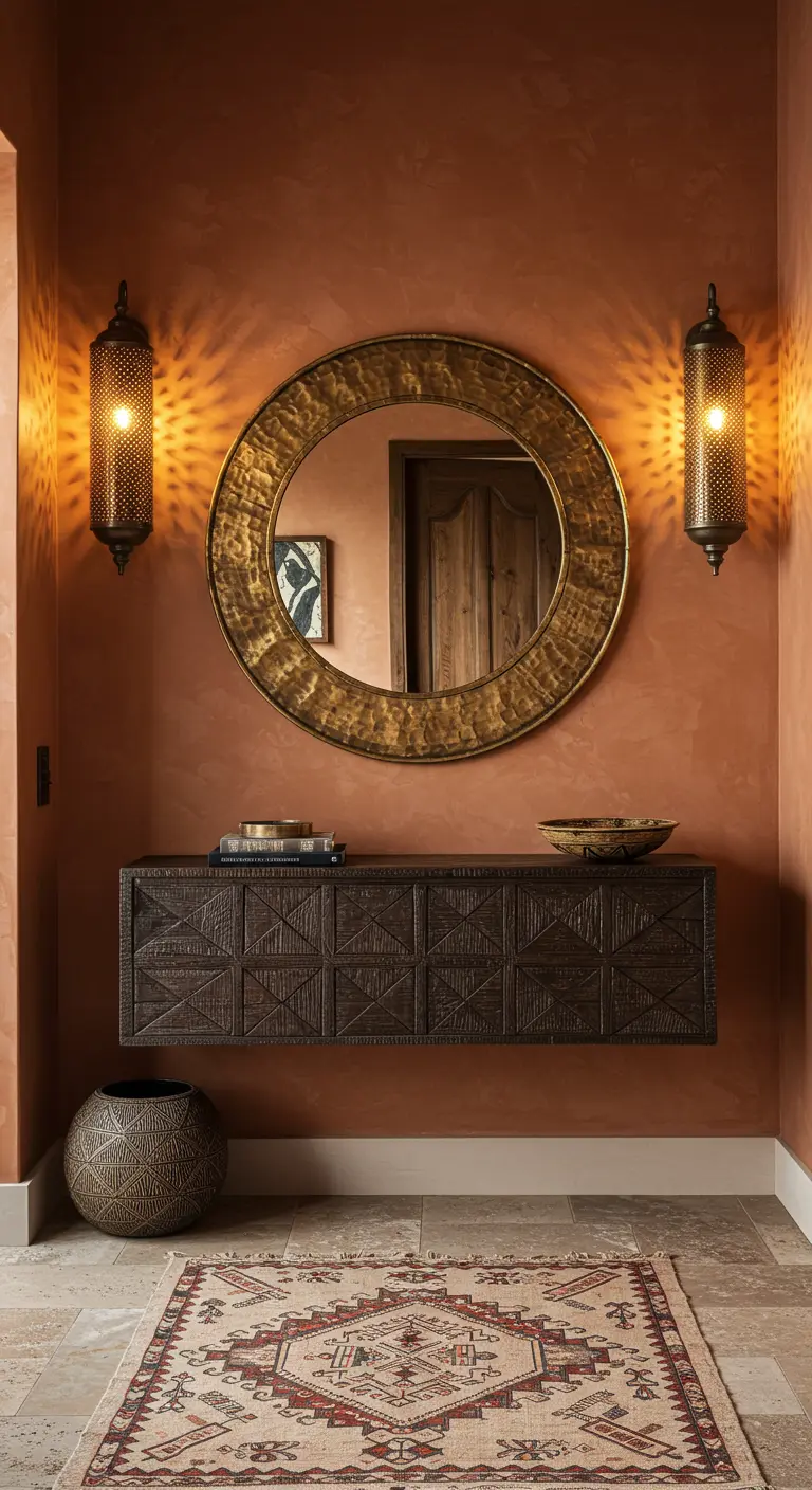 Recibidor de estilo marroquí con paredes terracota, consola de madera tallada y espejo de latón martillado