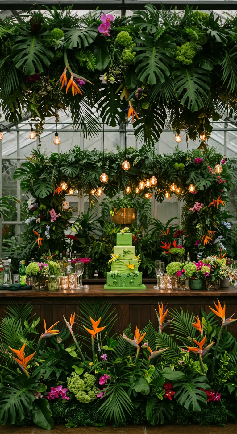 Barra de bar completamente rodeada de una exuberante vegetación tropical, con un pastel verde en el centro.