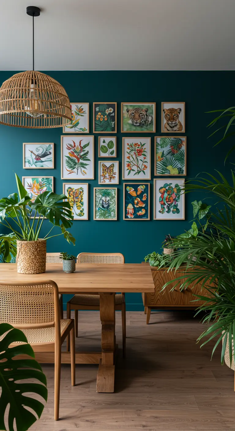 Galería de pared con ilustraciones botánicas y de animales sobre una pared de color verde azulado