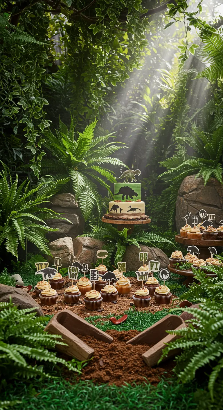 Mesa de postres con temática de dinosaurios en un entorno selvático y exuberante.