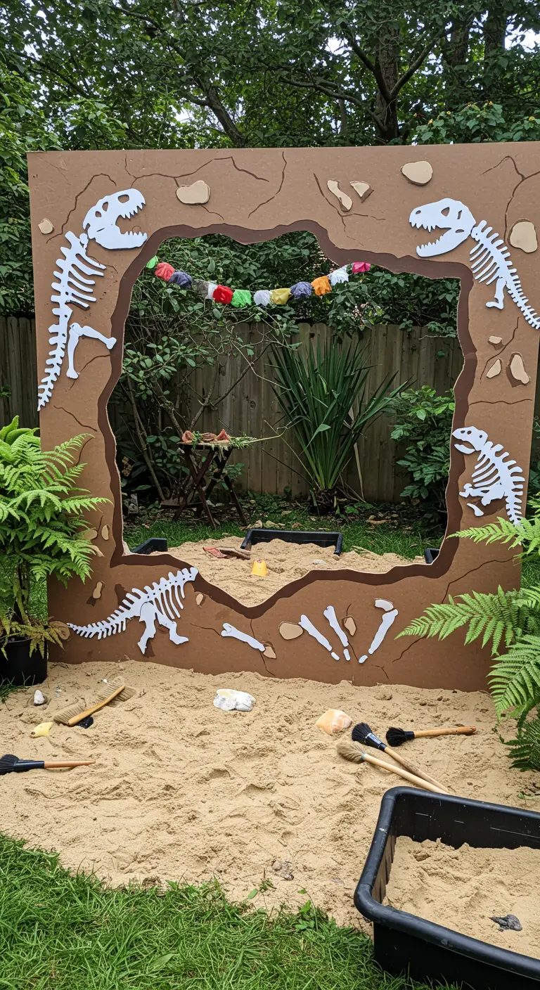 Marco de photocall de excavación de dinosaurios con esqueletos y arena en un jardín.