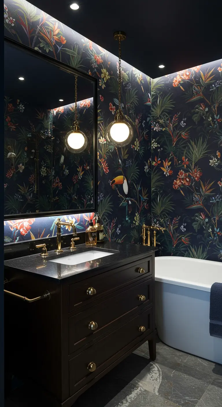 Baño oscuro con papel tapiz tropical con tucanes, mueble de madera oscura y grifería dorada.