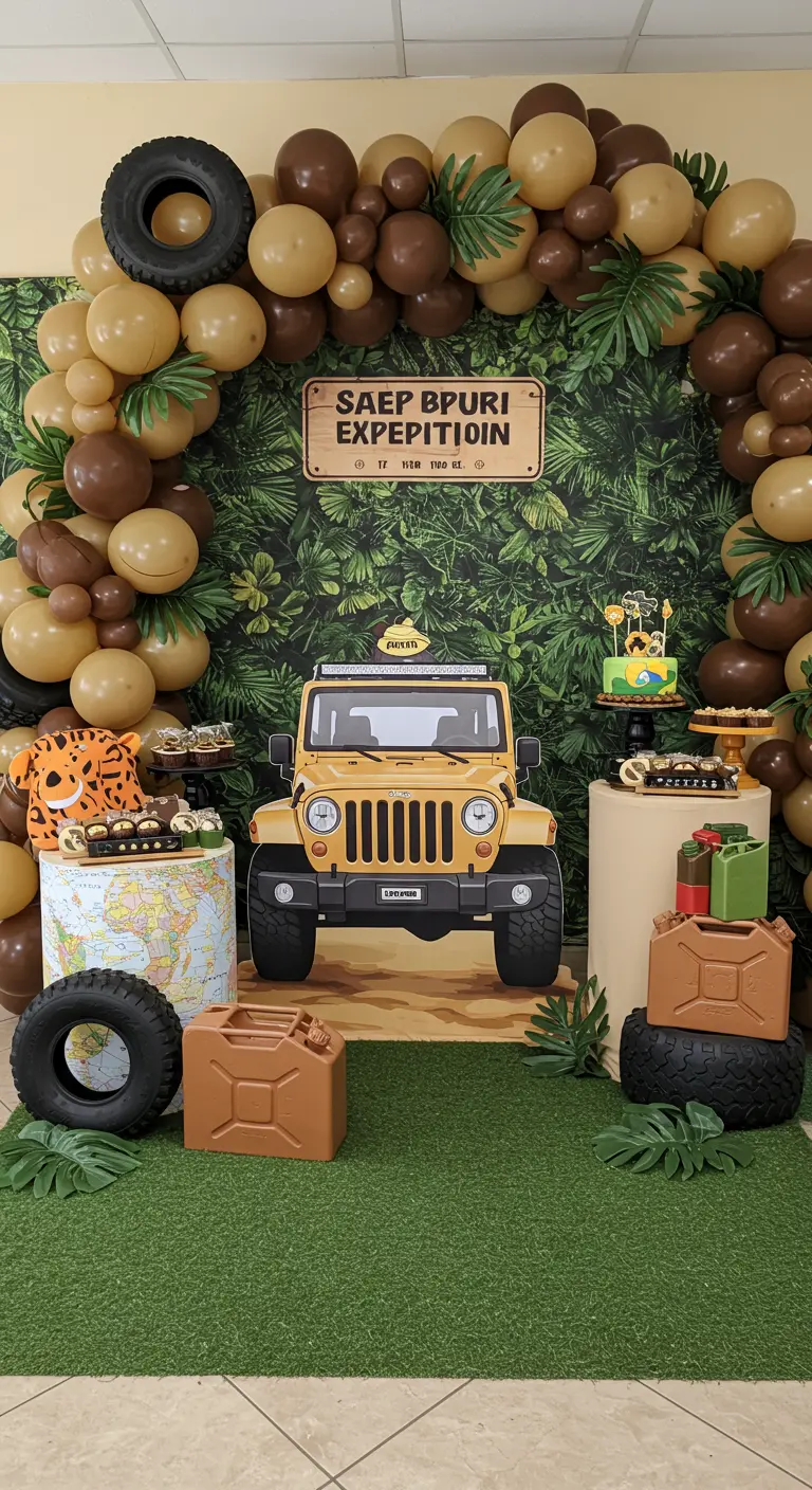 Decoración de fiesta con un recorte de un jeep, un fondo de hojas y globos en tonos tierra.