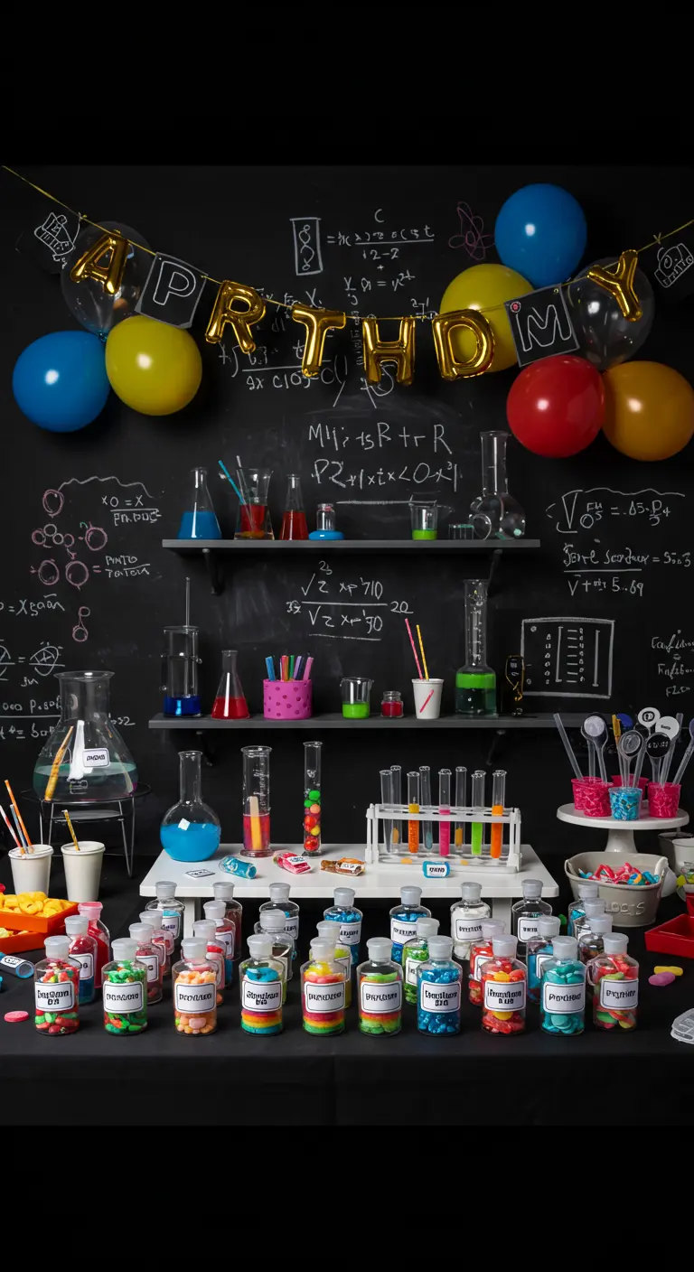 Frascos y probetas de laboratorio llenos de caramelos en una fiesta de ciencia.