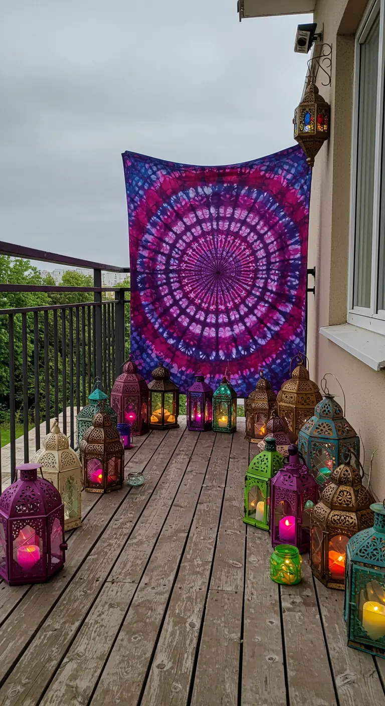 Balcón bohemio con un tapiz tie-dye morado y farolillos de colores en el suelo.