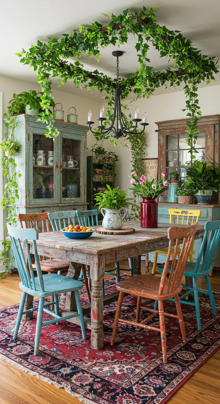 Comedor bohemio con sillas de colores diferentes, mesa desgastada y un dosel de enredaderas