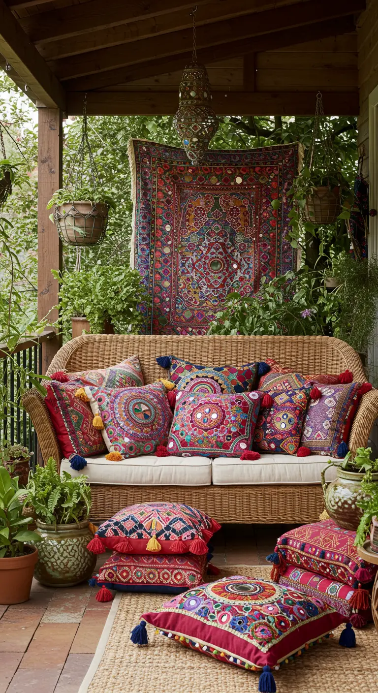 Sofá de mimbre en un porche lleno de cojines bordados con espejos y pompones de colores.