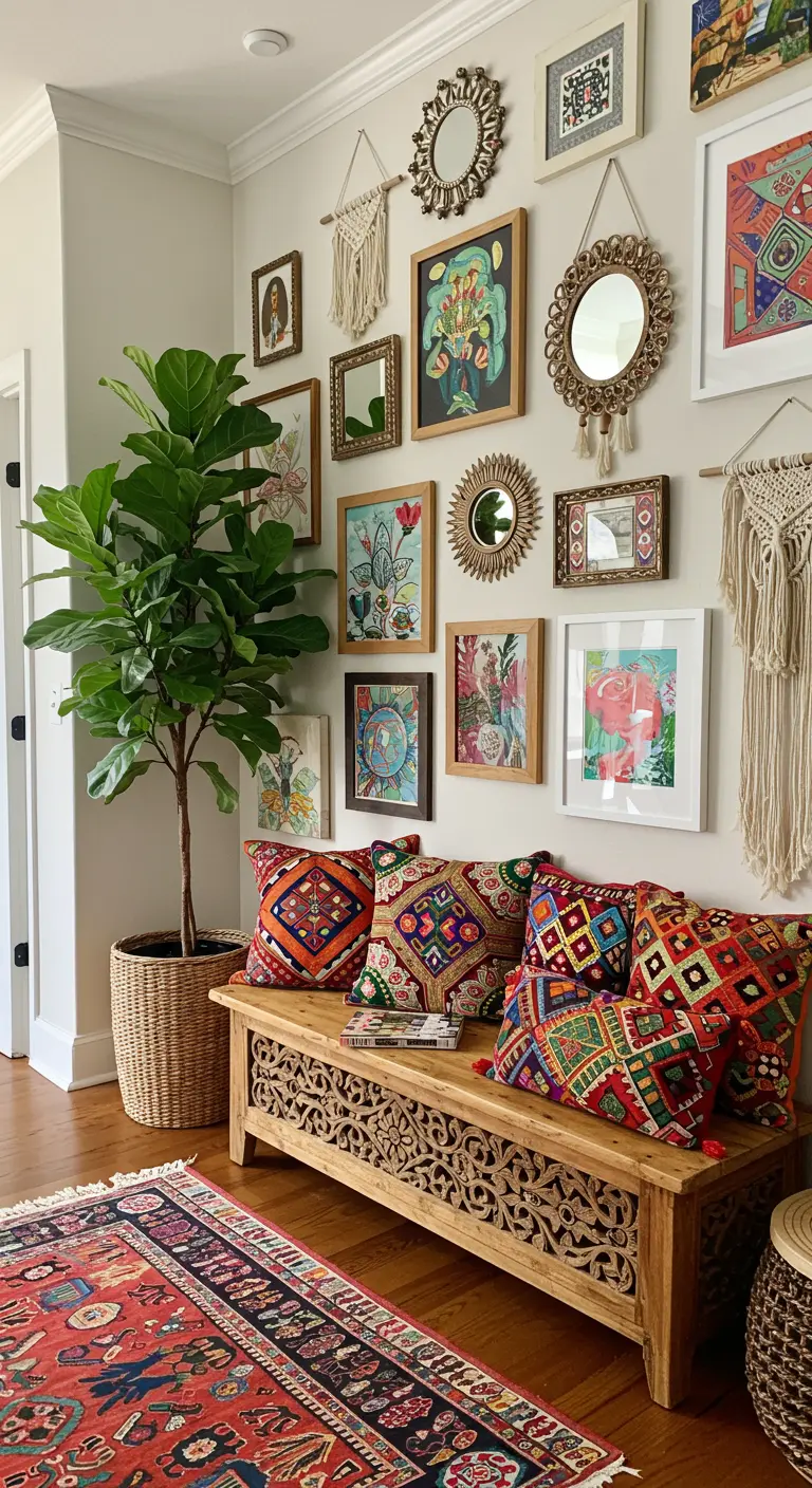 Rincón bohemio con banco de madera tallada, cojines bordados y pared llena de cuadros y espejos.