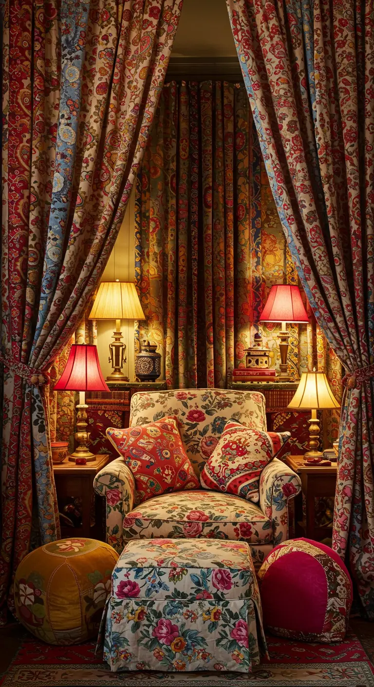 Rincón de lectura maximalista con múltiples patrones florales y paisley en cortinas y muebles