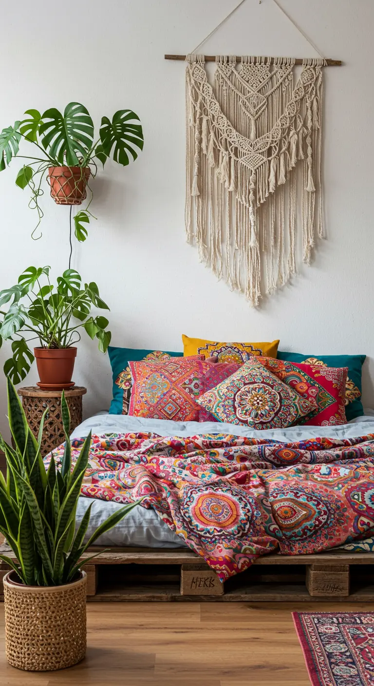 Dormitorio bohemio con cama de palets, cojines coloridos, plantas y un tapiz de macramé.