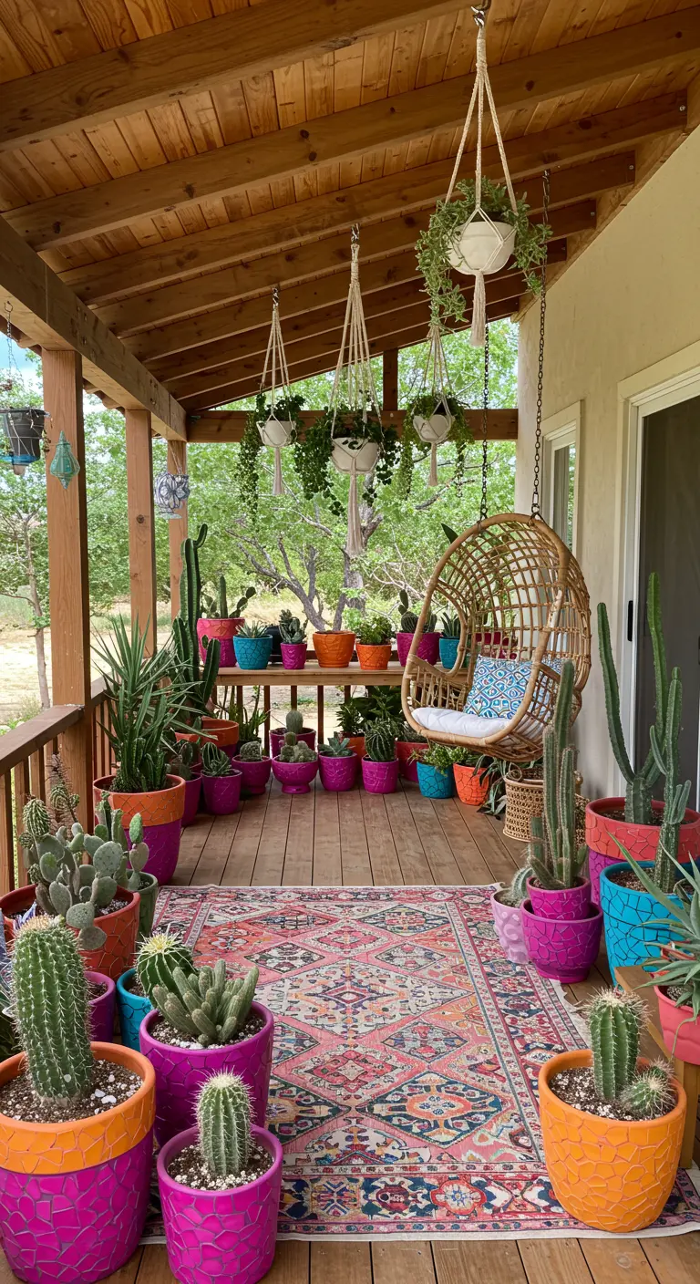 Porche de estilo bohemio con alfombra colorida, silla colgante y muchísimas macetas de colores vivos.