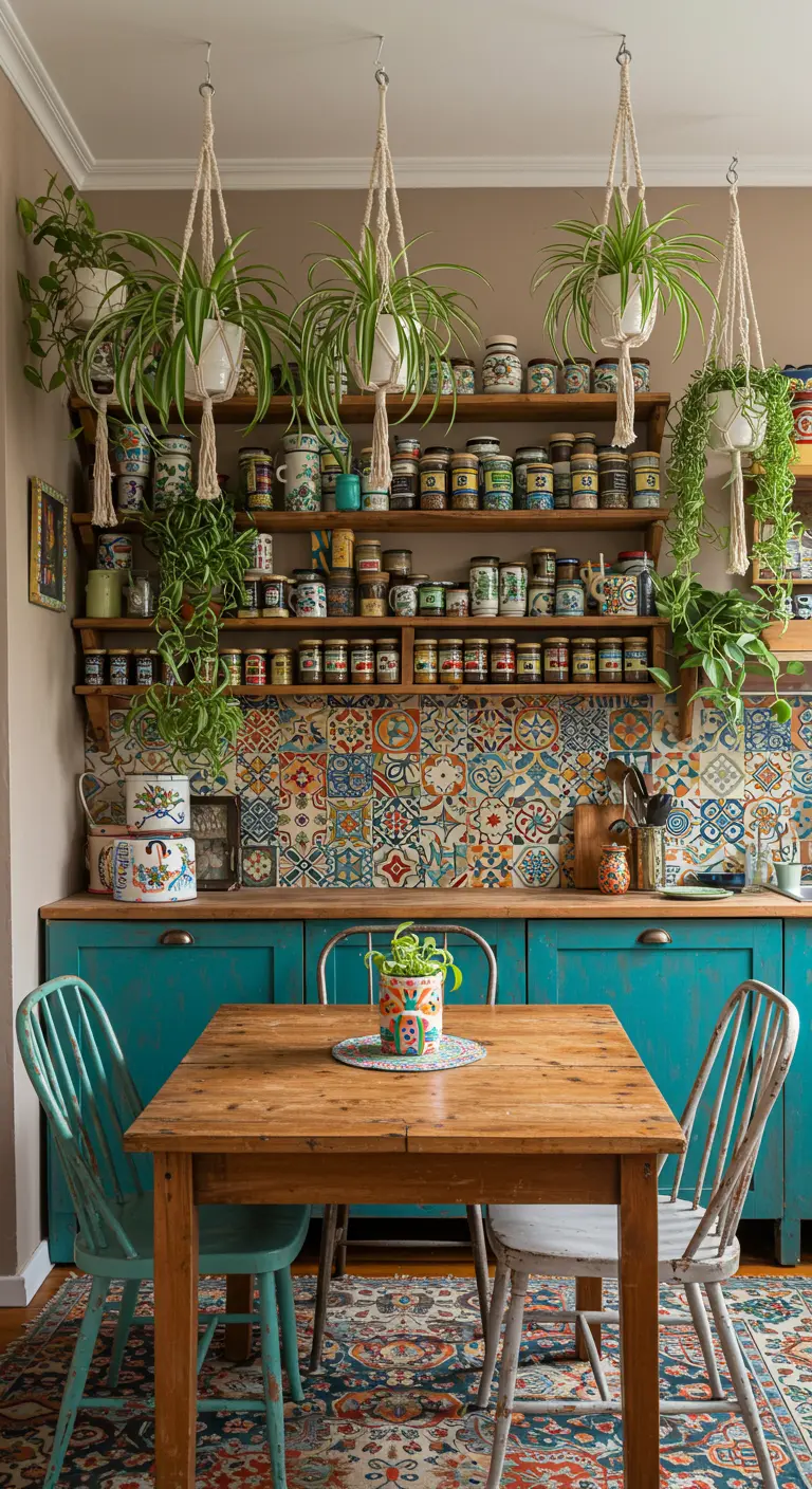 Cocina bohemia y colorida con azulejos estampados, plantas colgantes y muchos frascos de especias.