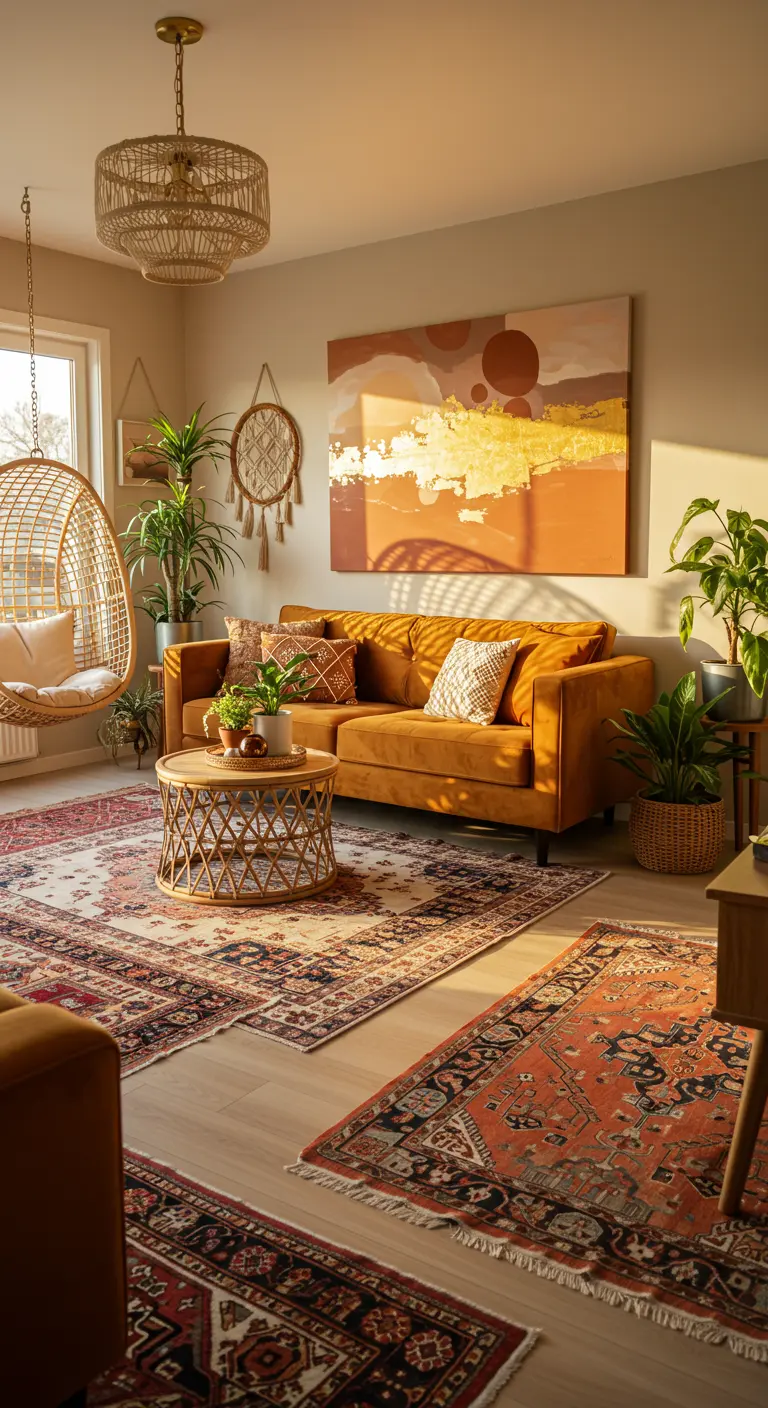 Sala de estar bohemia con sofá mostaza, alfombras superpuestas y un cuadro abstracto.