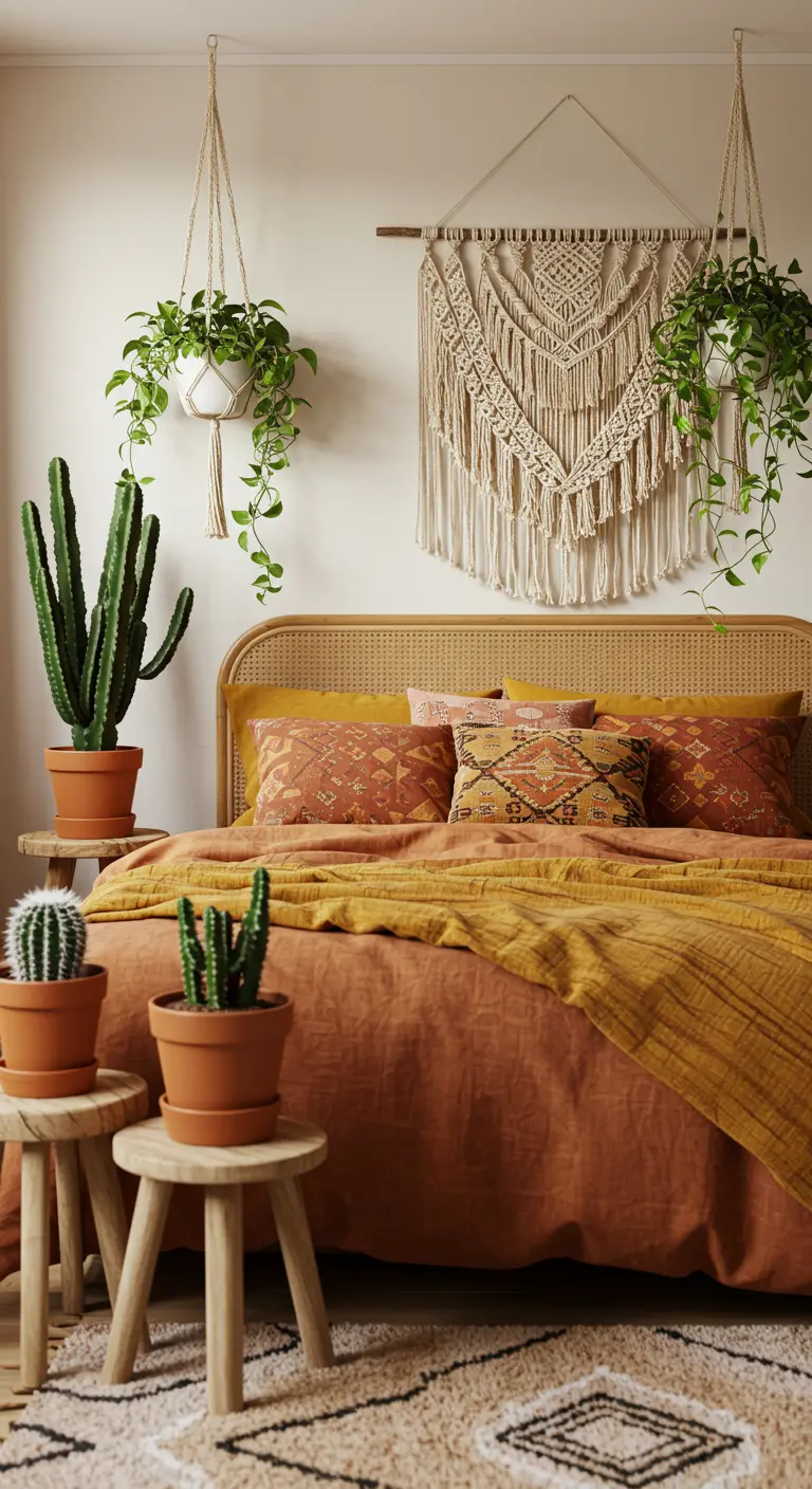 Dormitorio bohemio con ropa de cama terracota, tapiz de macramé y múltiples cactus.