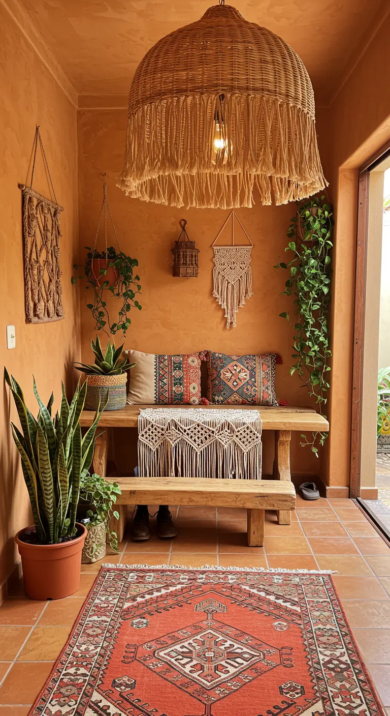 Entrada bohemia con paredes terracota, banca de madera con cojines étnicos y lámpara de macramé