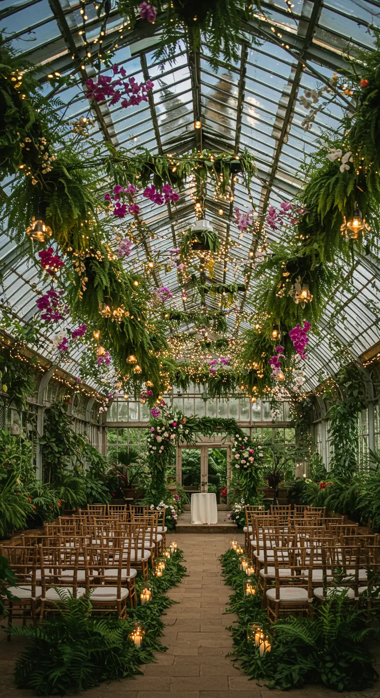 Pasillo de ceremonia en un invernadero con plantas colgantes y luces entremezcladas.