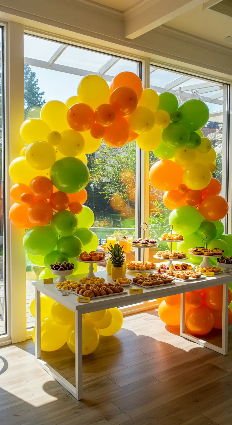 Arco de globos amarillos, naranjas y verdes sobre una mesa de dulces.