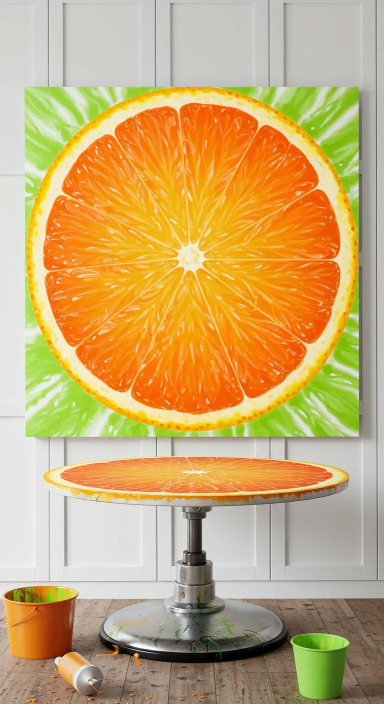 Cuadro de una rodaja de naranja hiperrealista sobre un fondo tie-dye verde lima.
