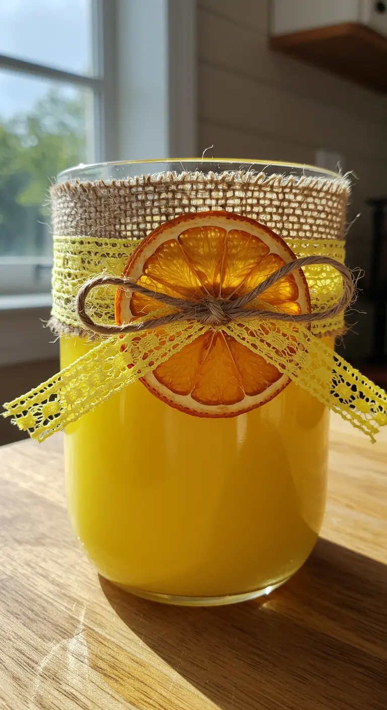 Vela amarilla en un vaso decorado con arpillera, encaje amarillo y una rodaja de naranja seca.