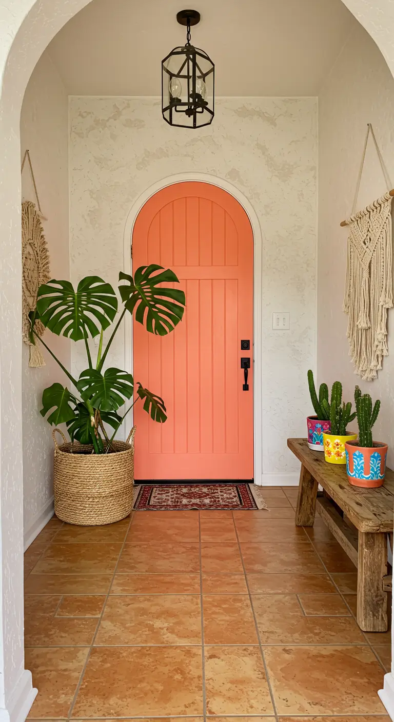 Entrada de estilo bohemio con puerta de arco color coral y macetas pintadas.