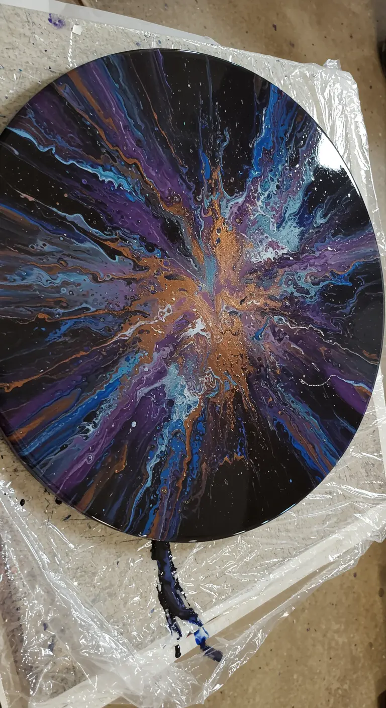 Pintura abstracta circular con técnica de pouring en tonos morados, azules y dorados.