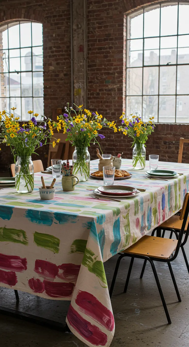 Mantel blanco con pinceladas de colores vivos en un comedor de estilo industrial.