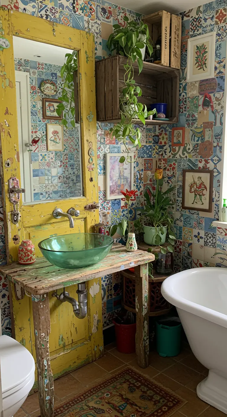Baño ecléctico con una puerta amarilla reciclada, azulejos coloridos y cajas de fruta.