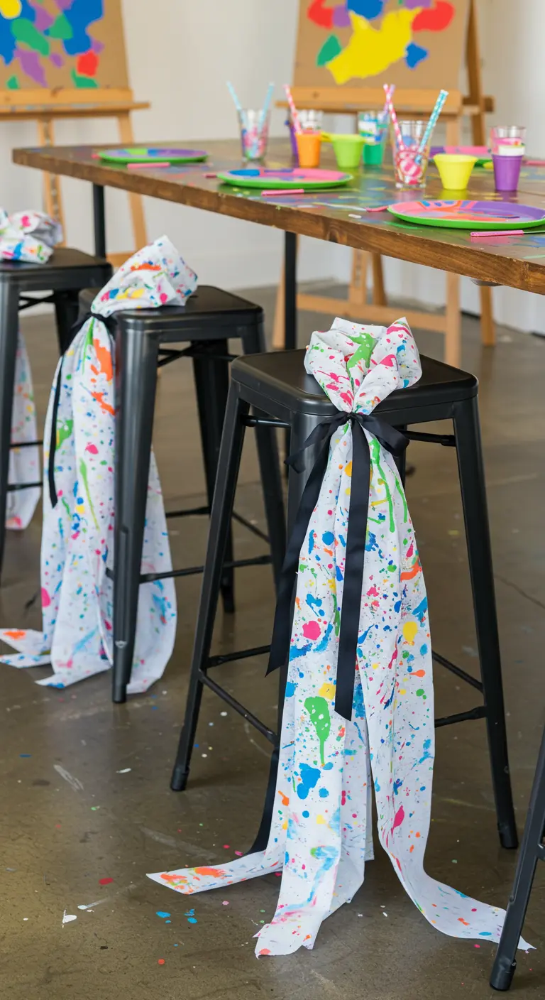 Taburetes de metal negro decorados con tela blanca salpicada de pintura de colores.