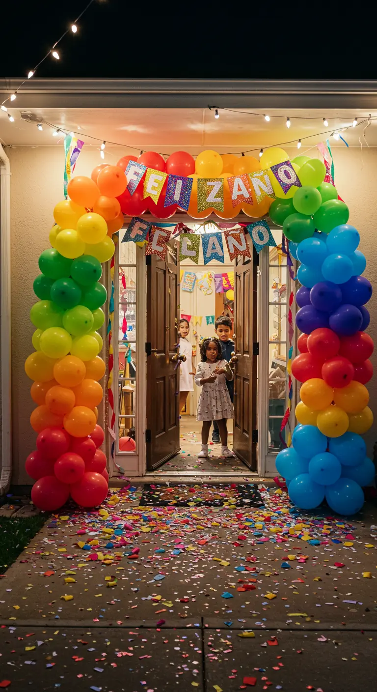 Arco de globos de colores arcoíris en la entrada de una casa para una fiesta.