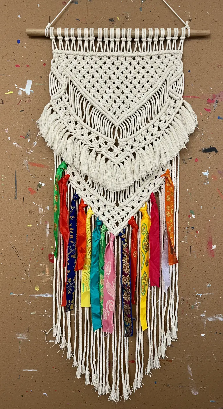 Tapiz de macramé de color crudo adornado con cintas de tela de colores vivos y diferentes estampados.