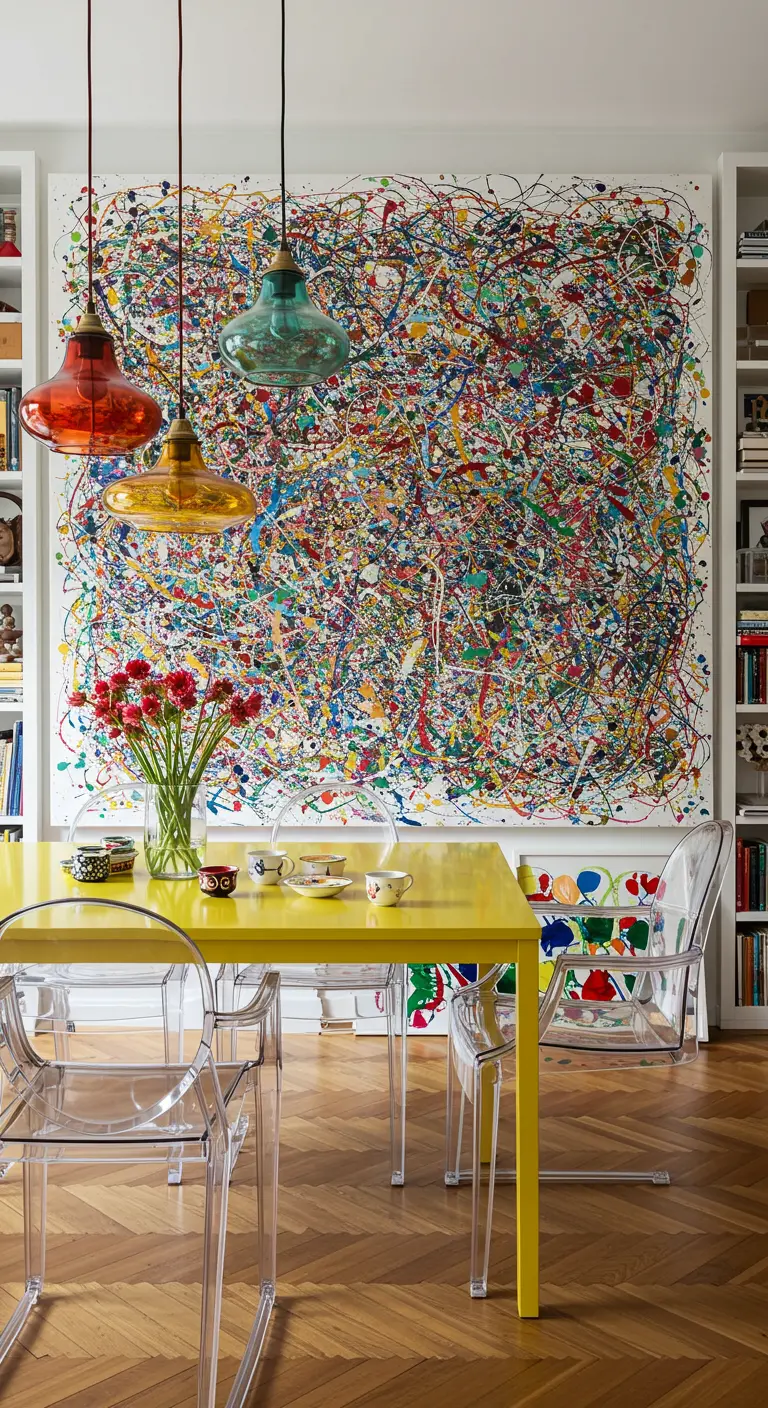 Comedor colorido con gran cuadro de salpicaduras, mesa amarilla y sillas transparentes.