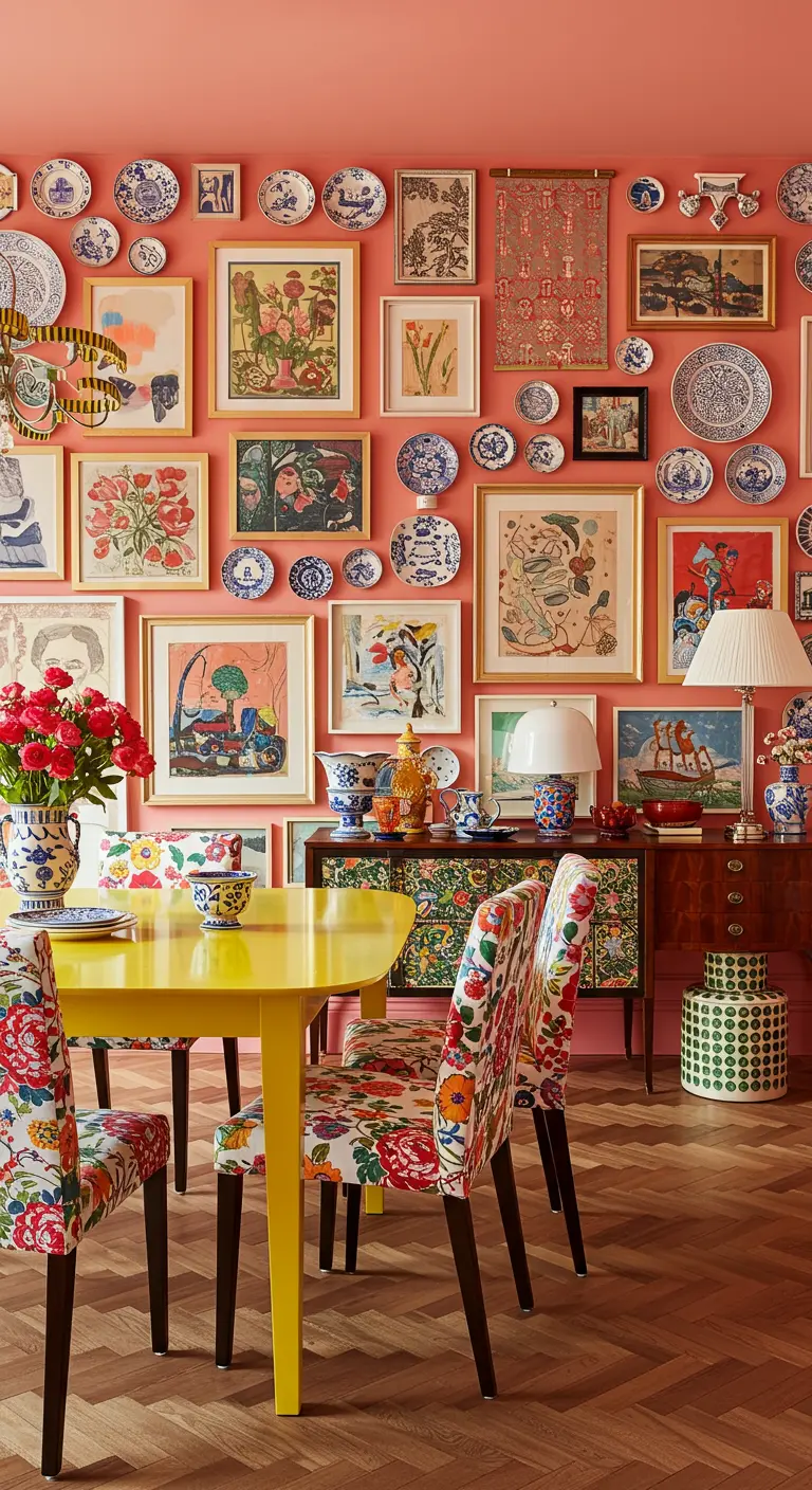 Pared de galería maximalista con cuadros coloridos y platos de cerámica en una pared de color coral