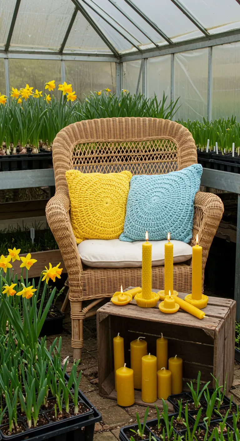 Sillón de mimbre con cojines de colores vivos rodeado de plantas y velas amarillas.