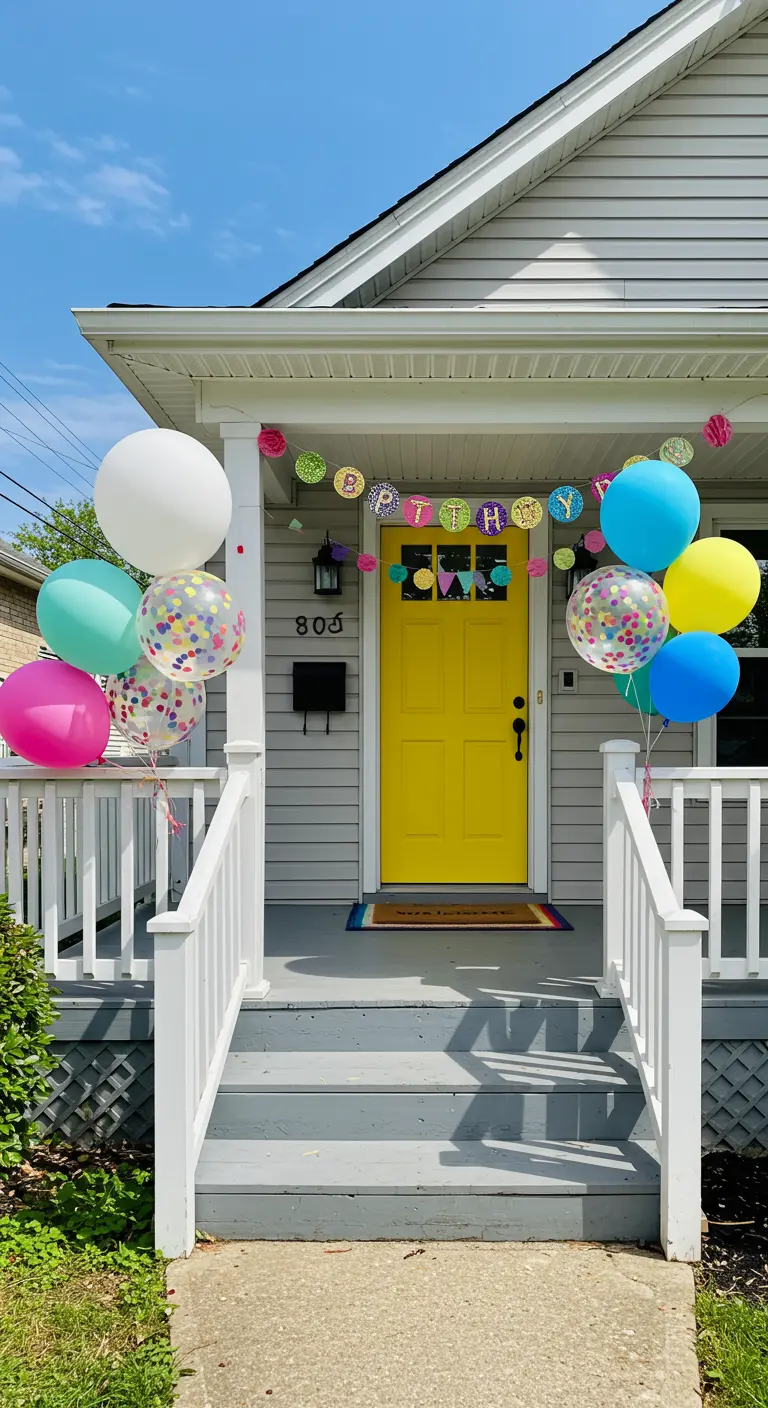 Porche decorado para cumpleaños con globos de colores vivos y un banderín hecho a mano.