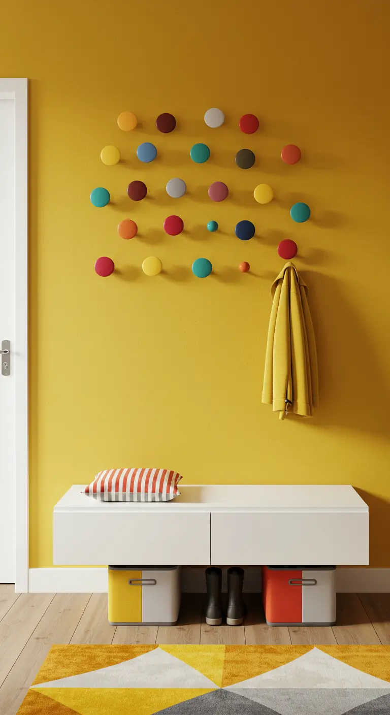 Recibidor moderno con pared amarilla, ganchos de colores en forma de punto y banco blanco flotante.