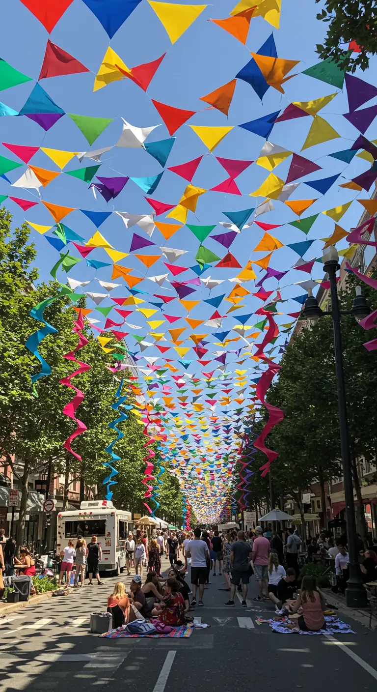 Cielo azul cubierto por una densa red de banderines triangulares de todos los colores.