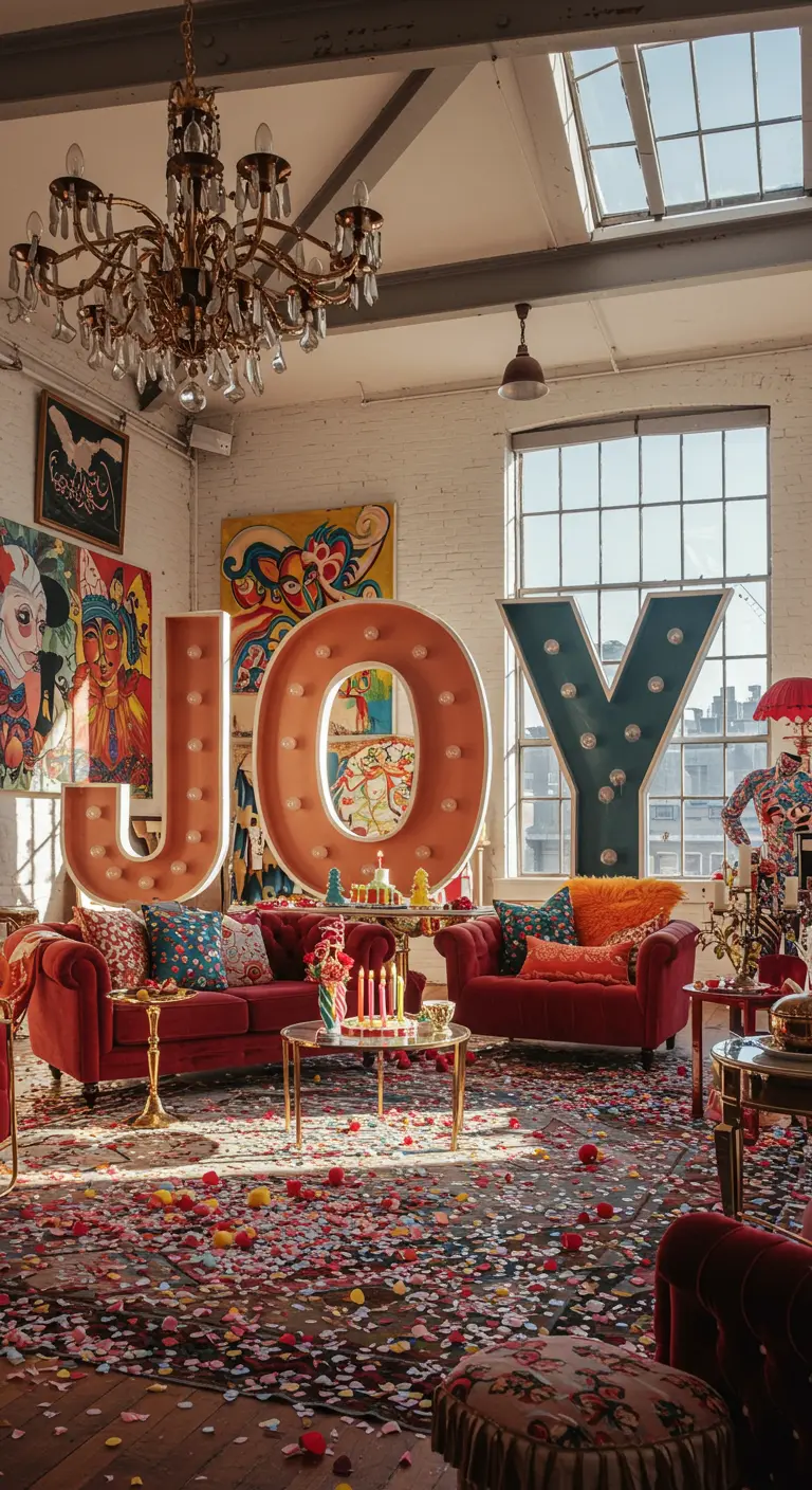 Letras 'JOY' gigantes en un salón ecléctico y colorido, con sofás rojos y confeti en el suelo.