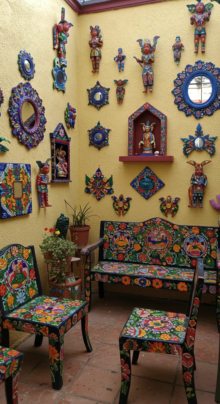 Patio con pared amarilla cubierta de arte popular mexicano, incluyendo espejos, figuras y nichos.