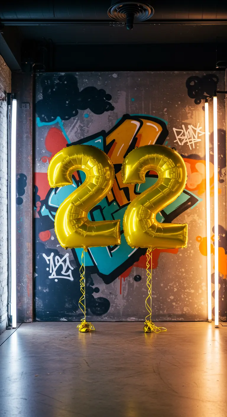 Globos dorados del número 22 frente a una pared de graffiti iluminada con luces LED.