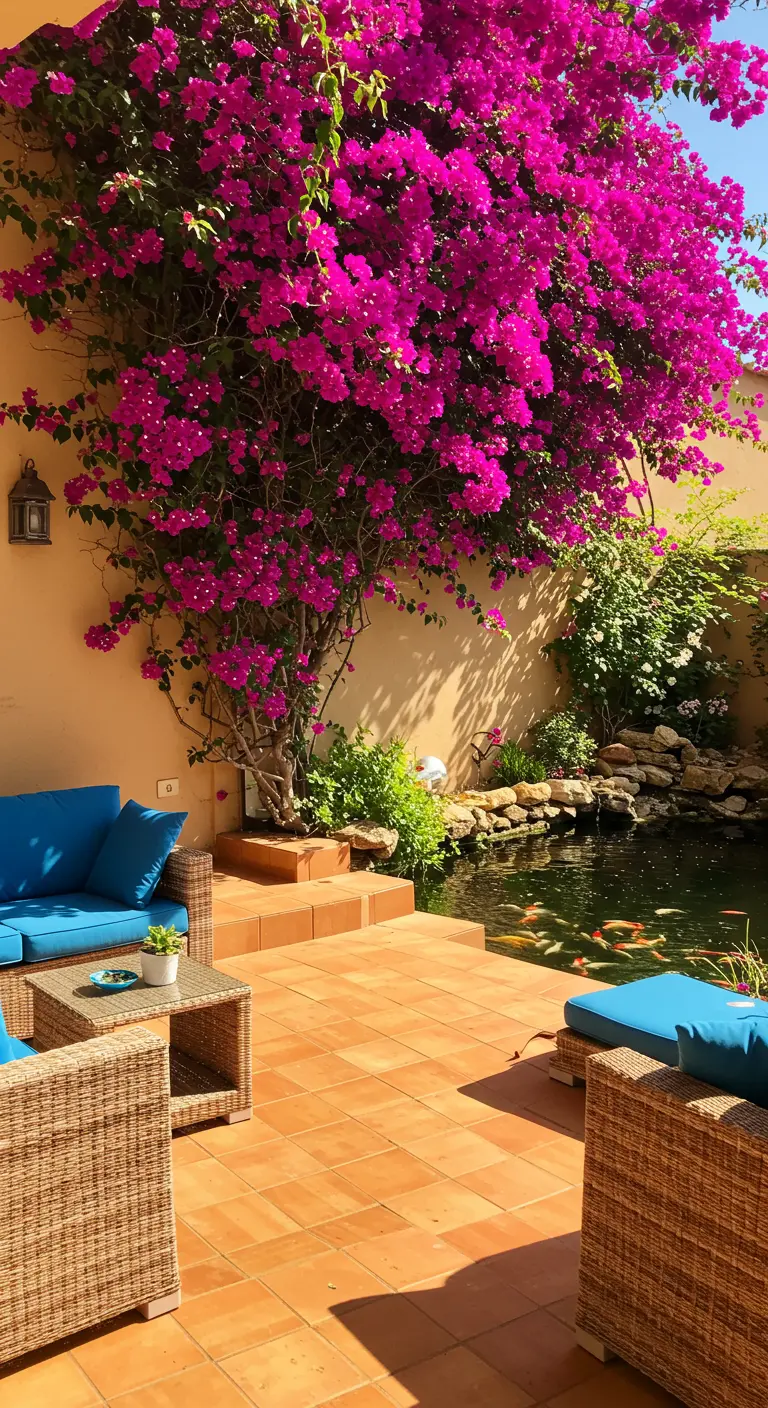Patio con buganvilla fucsia, muebles de mimbre azul y un pequeño estanque de peces koi.