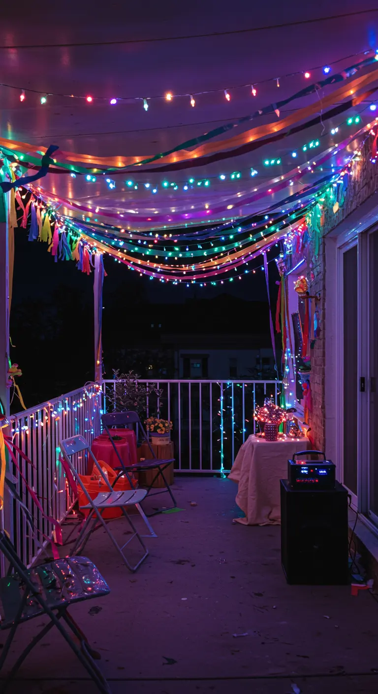 Balcón decorado para una fiesta con muchas guirnaldas de luces LED de colores y serpentinas
