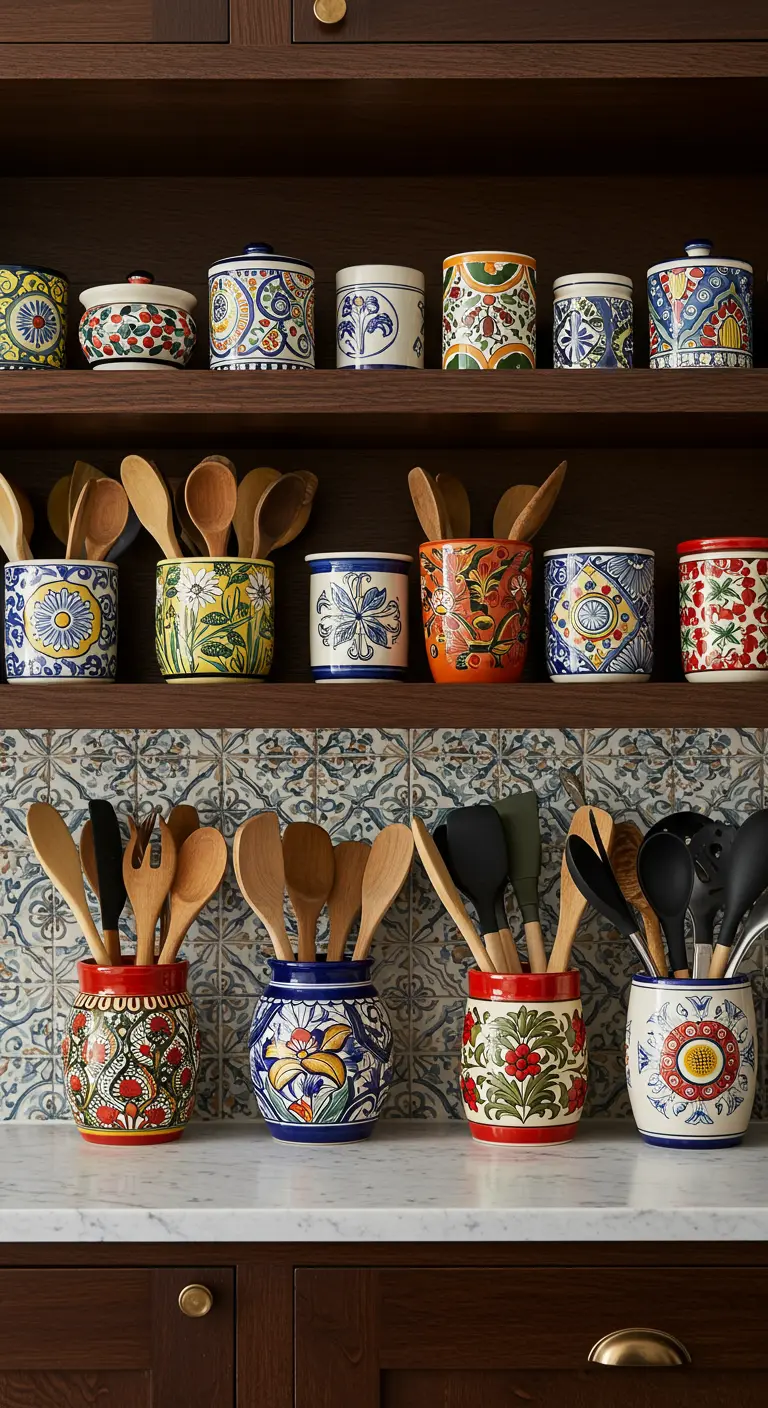 Estanterías llenas de recipientes de cerámica coloridos utilizados como portalápices para utensilios de cocina