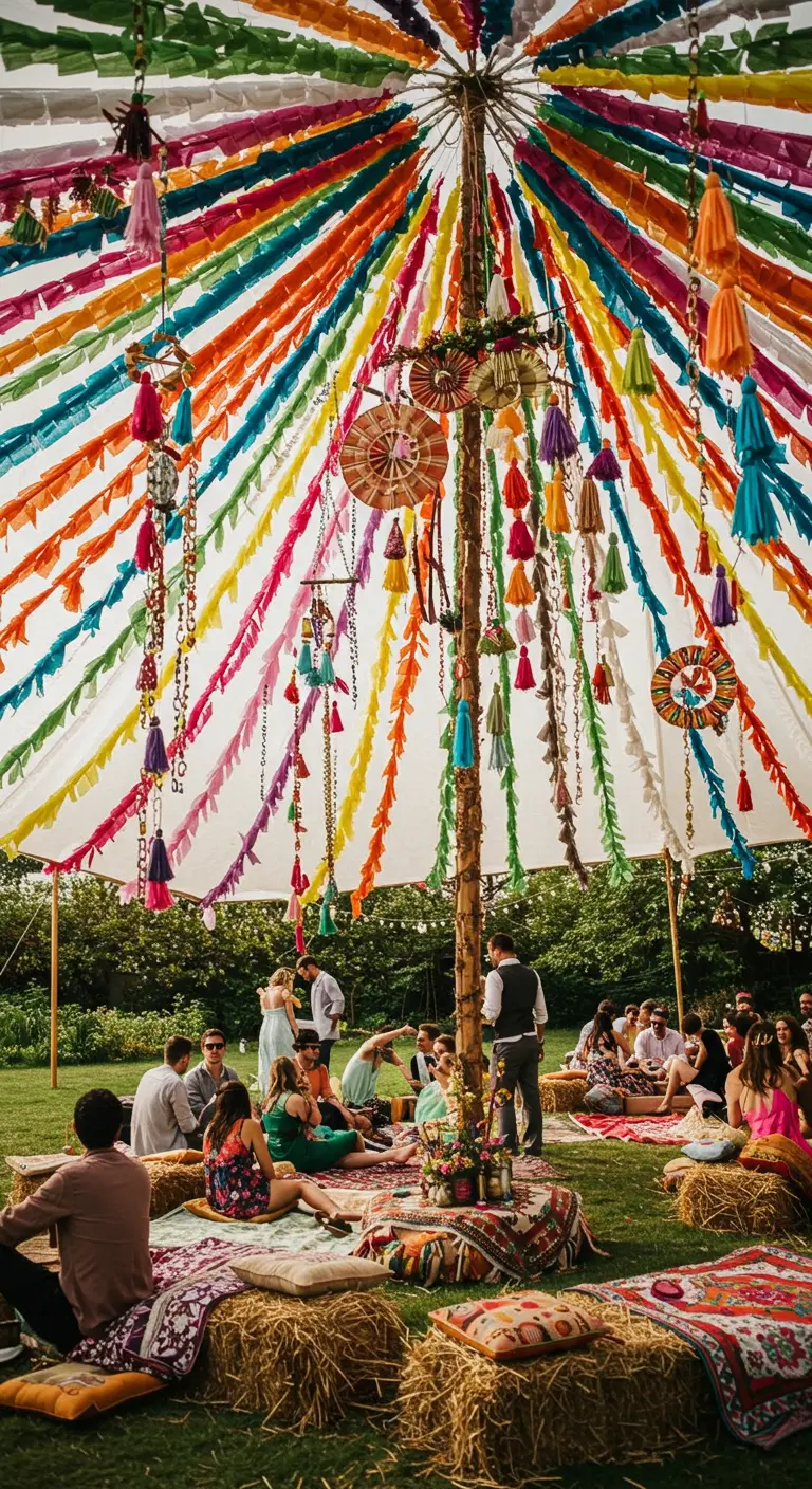 Interior de una carpa de boda decorada con cintas de papel de colores y borlas.