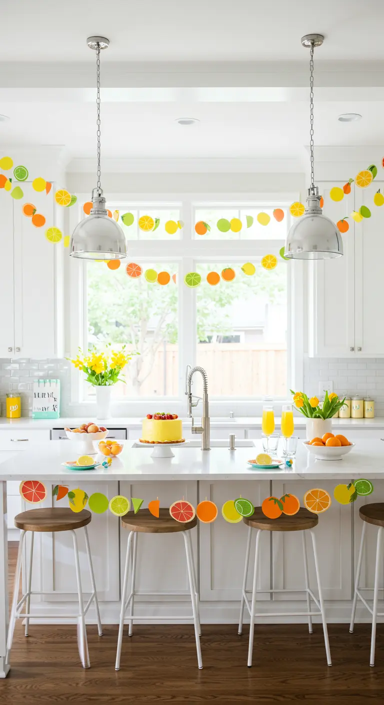 Guirnalda de rodajas de cítricos de papel colgando en una cocina blanca.