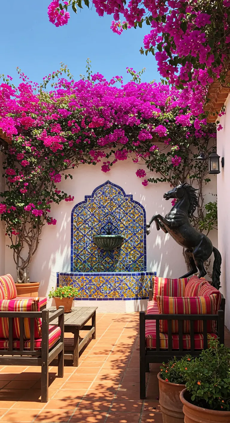 Patio de estilo español con buganvillas, fuente de azulejos y escultura de un caballo.