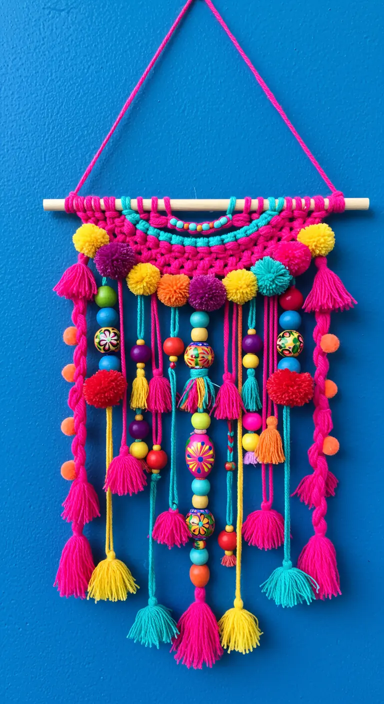 Tapiz de macramé muy colorido con pompones, borlas y cuentas de madera.