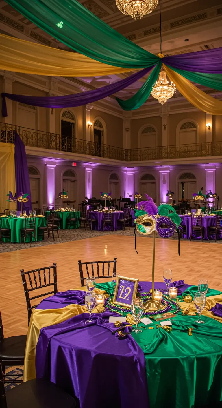 Salón de baile decorado para Mardi Gras con telas moradas, verdes y doradas.