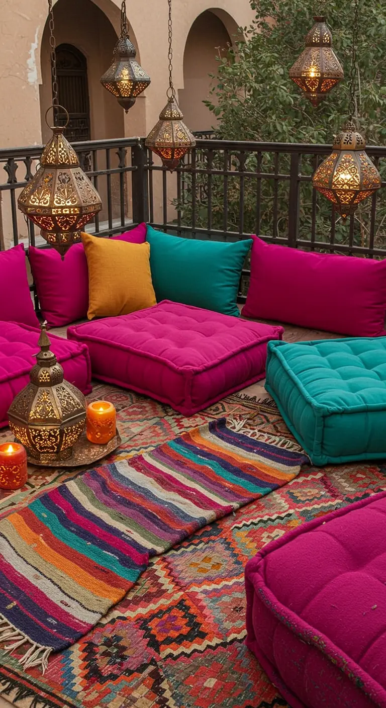 Terraza de estilo marroquí con cojines de suelo de colores y farolillos metálicos.